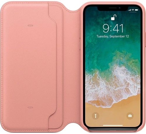 сертифицированный Чехол Apple iPhone X Leather Folio Soft Pink (розовый)