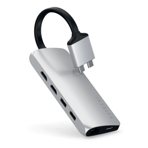 сертифицированный Хаб Satechi Type-C Dual Multimedia Adapter для Macbook с двумя портами USB-C серебряный