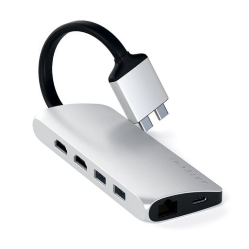 сертифицированный Хаб Satechi Type-C Dual Multimedia Adapter для Macbook с двумя портами USB-C серебряный фото 3
