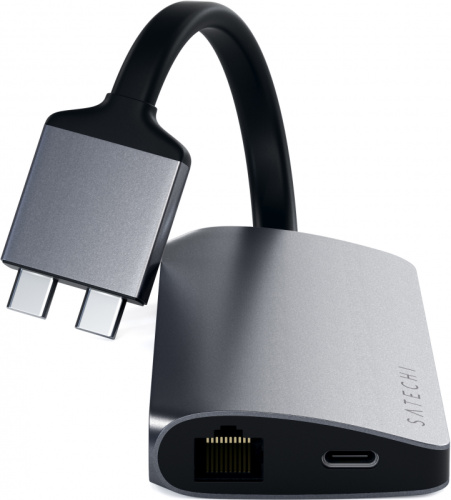 сертифицированный Хаб Satechi Type-C Dual Multimedia Adapter для Macbook с двумя портами USB-C Серый космос фото 3