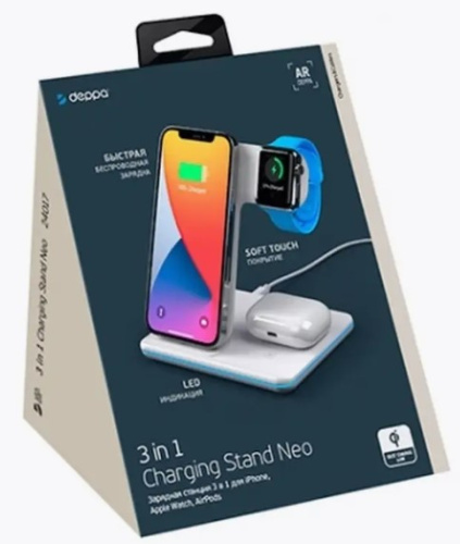 сертифицированный ЗУ беспроводное Deppa Charging Stand Neo iPhone, Apple Watch, Airpods 20W 3 in 1 белый фото 2